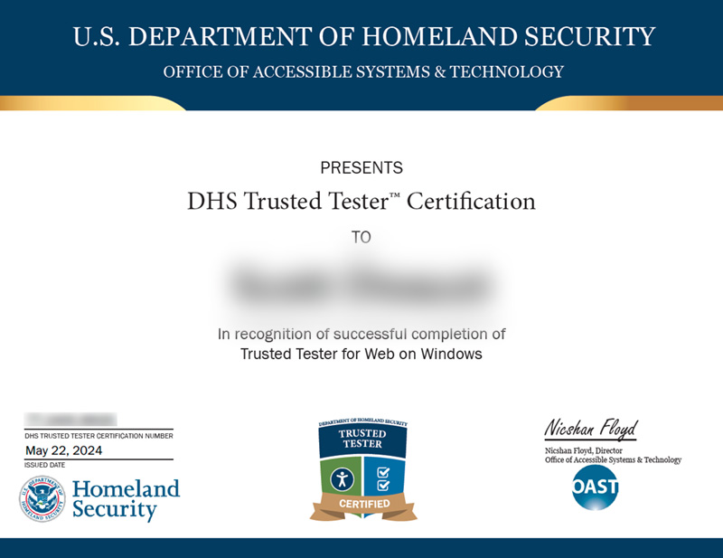 DHS Section 508 Trusted Tester certificate